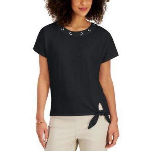 JM Collection Grommet Tie-Hem Top Deep Black XS - Picture 1 of 1